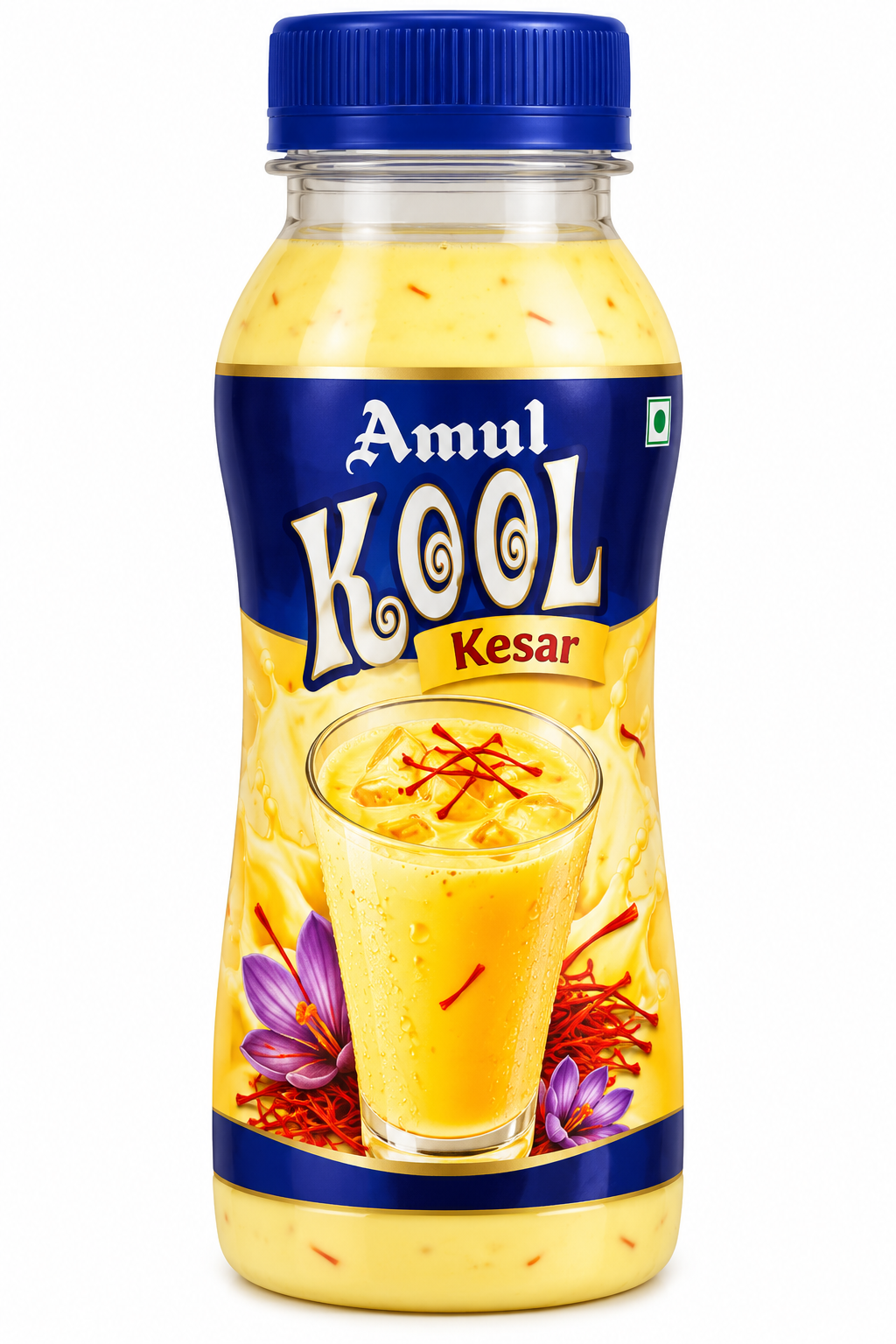 Amul Kool Kesar Flavour 180ml bottle featuring a blue cap, navy and gold label, creamy saffron milk, saffron strands, and purple saffron flowers.
