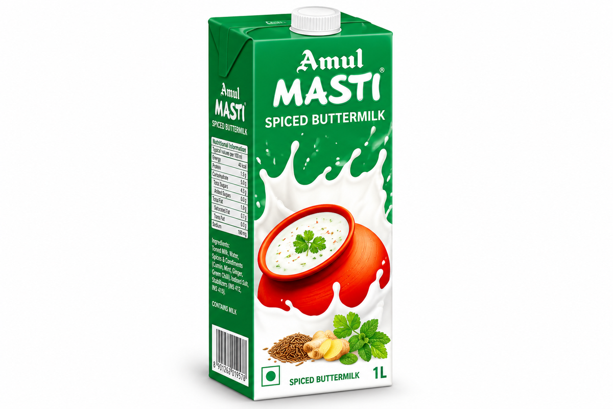 Amul Masti Spiced Buttermilk 1L carton featuring green packaging, a clay pot of spiced buttermilk, fresh herbs, cumin seeds and ginger.