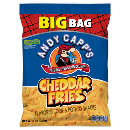 Andy Capp's Cheddar Fries Big Bag 8oz crunchy cheddar flavoured corn snacks