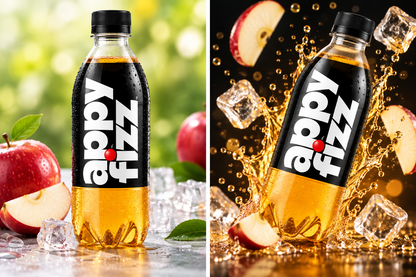 Appy Fizz carbonated apple drink bottle displayed with fresh apples, ice cubes and a refreshing green background