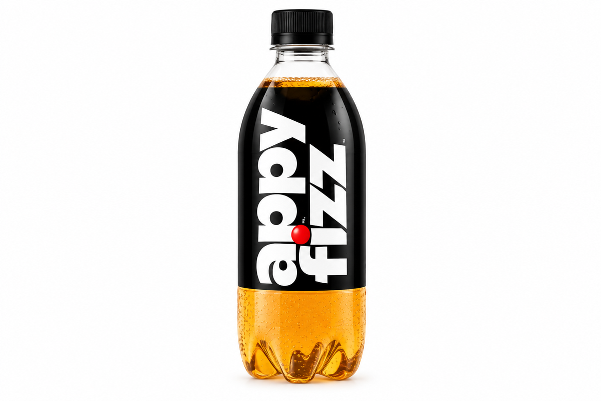 Appy Fizz sparkling apple drink in a bottle with black cap and branded label on a white background.