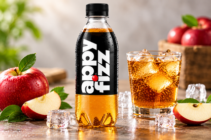 Appy Fizz fizzy apple drink bottle served with a glass of chilled sparkling beverage, fresh apples and ice.
