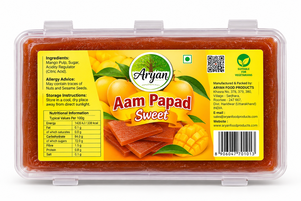 Aryan Aam Papad Sweet 200g pack featuring clear plastic packaging, traditional reddish-brown mango fruit leather, yellow and orange label, Aryan branding, and fresh mango illustrations.