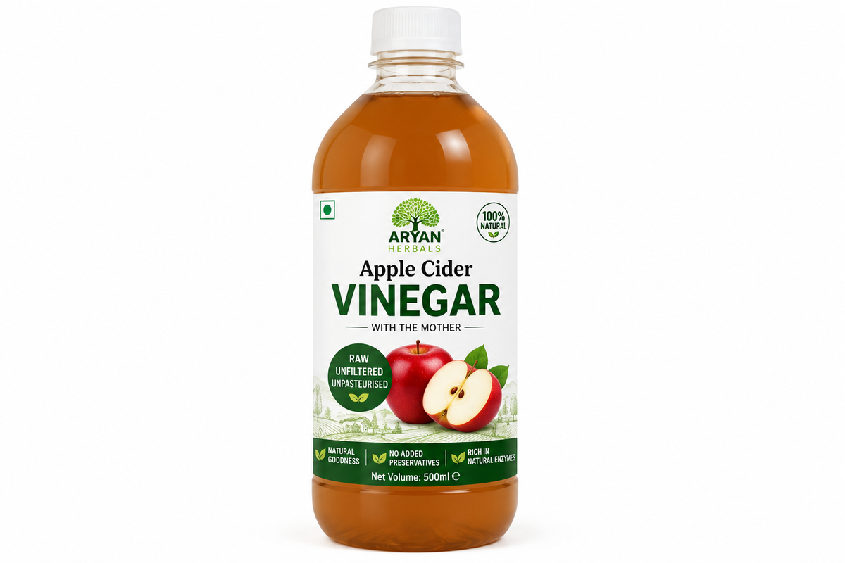 Aryan Apple Cider Vinegar 500ml plastic bottle featuring amber-brown vinegar, a white cap, green and white label, fresh red apples, and Aryan Herbals branding.