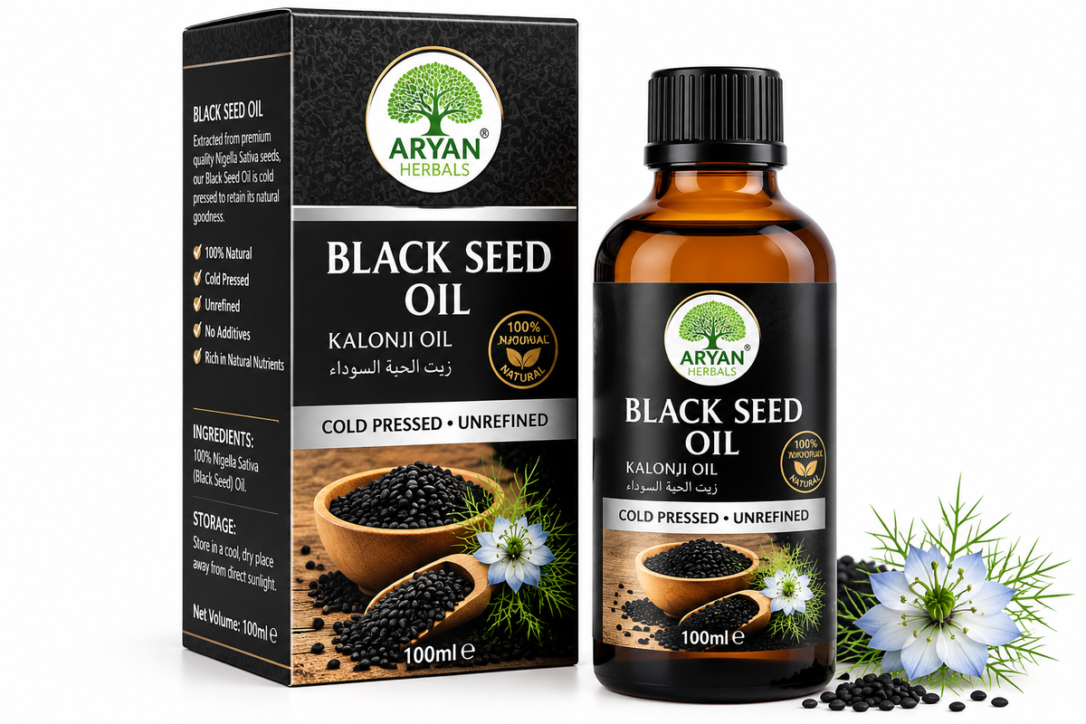 Aryan Blackseed Oil 100ml bottle with matching black and silver packaging, dark amber oil, black cap, and Aryan Herbals branding.