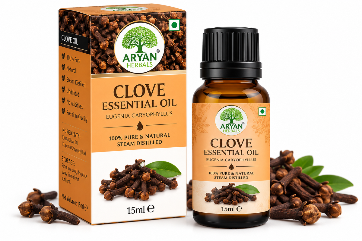 Aryan Herbals Clove Essential Oil 15ml bottle with matching orange and cream packaging, amber glass bottle, black cap, clove bud illustrations, green leaves, and Aryan Herbals branding.