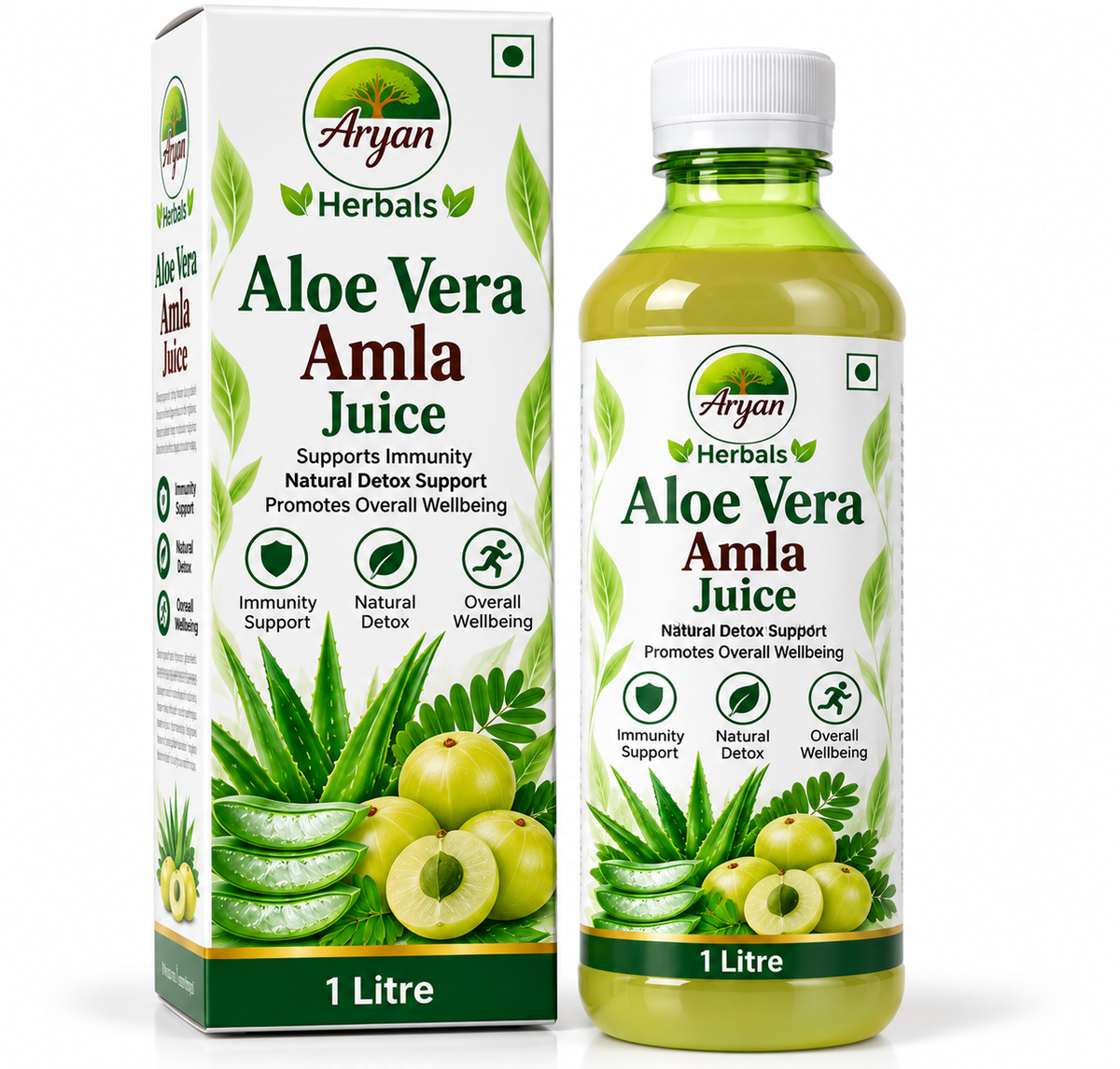 Aryan Herbals Aloe Vera Amla Juice 1 litre featuring a white and green carton with a matching pale-green juice bottle, fresh aloe vera leaves, sliced aloe vera gel, whole and cut amla fruits, and Aryan Herbals branding.