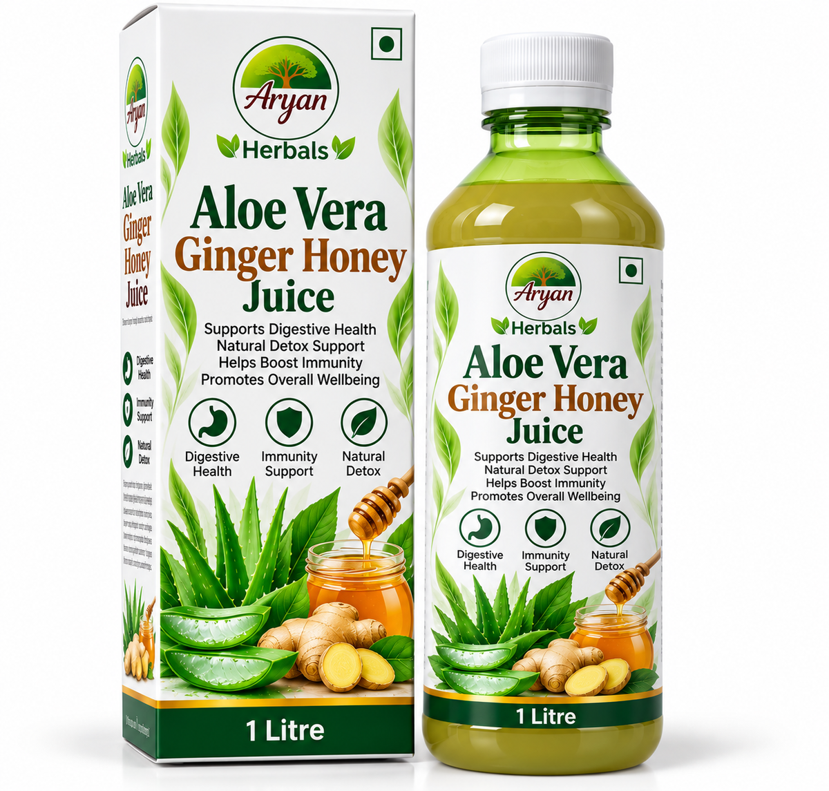 Aryan Herbals Aloe Vera Ginger Honey Juice 1 litre featuring a white and green carton with a matching pale-green juice bottle, fresh aloe vera leaves, sliced ginger root, golden honey in a glass jar, a honey dipper, and Aryan Herbals branding.