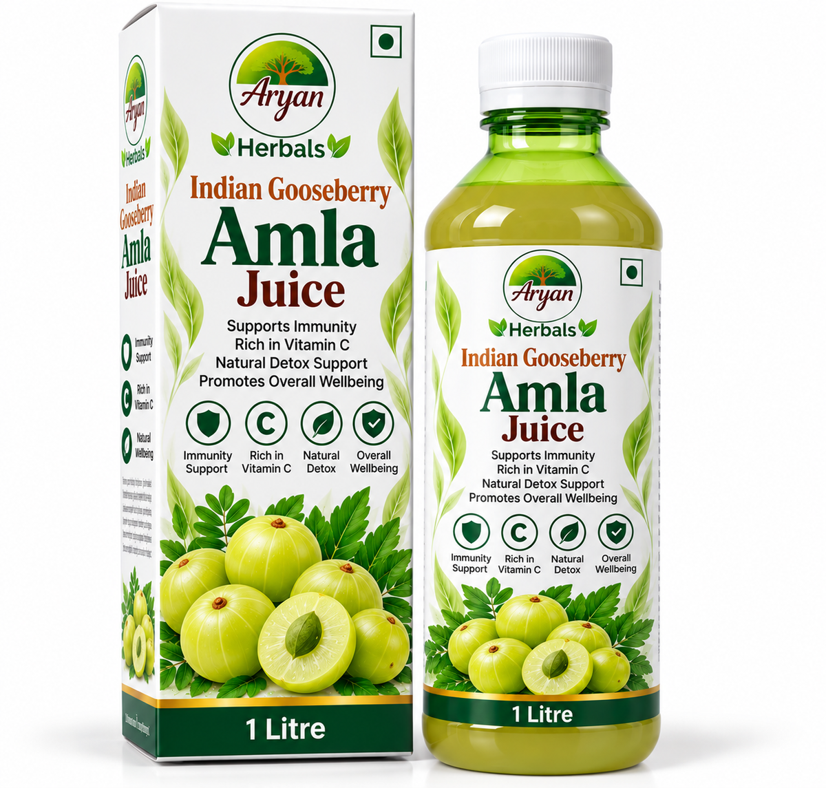 Aryan Herbals Amla Juice 1 litre featuring a white and green carton with a matching pale-green juice bottle, fresh Indian gooseberry amla fruits, sliced amla, green botanical leaves, and Aryan Herbals branding.