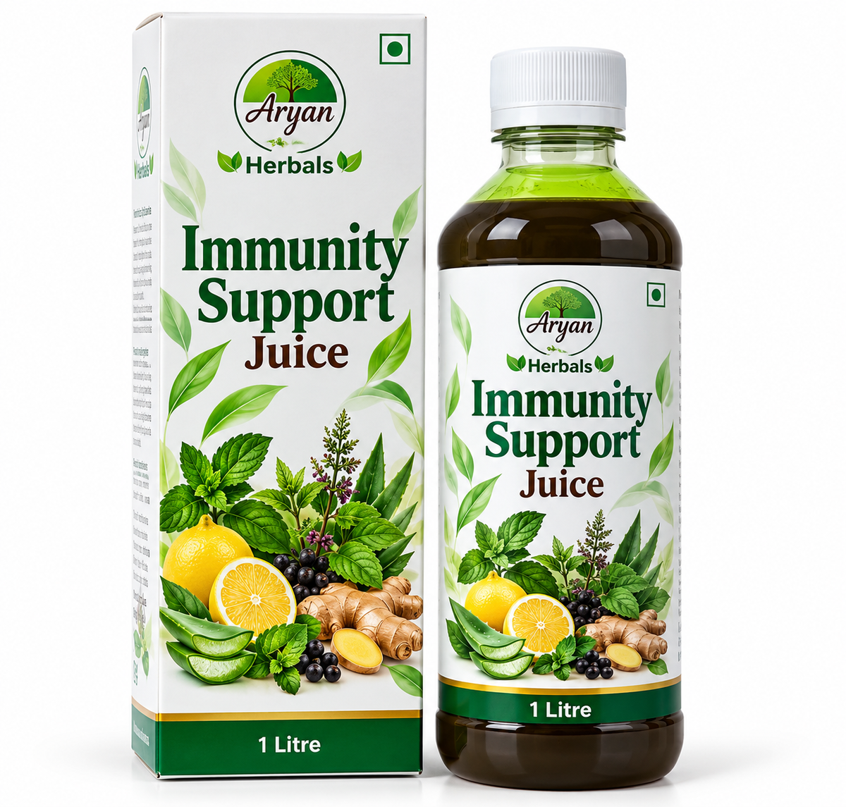 Aryan Herbals Immunity Support Juice 1 litre featuring a white and green carton with a matching dark green juice bottle, botanical herb illustrations, citrus, ginger, berries, and Aryan Herbals branding.