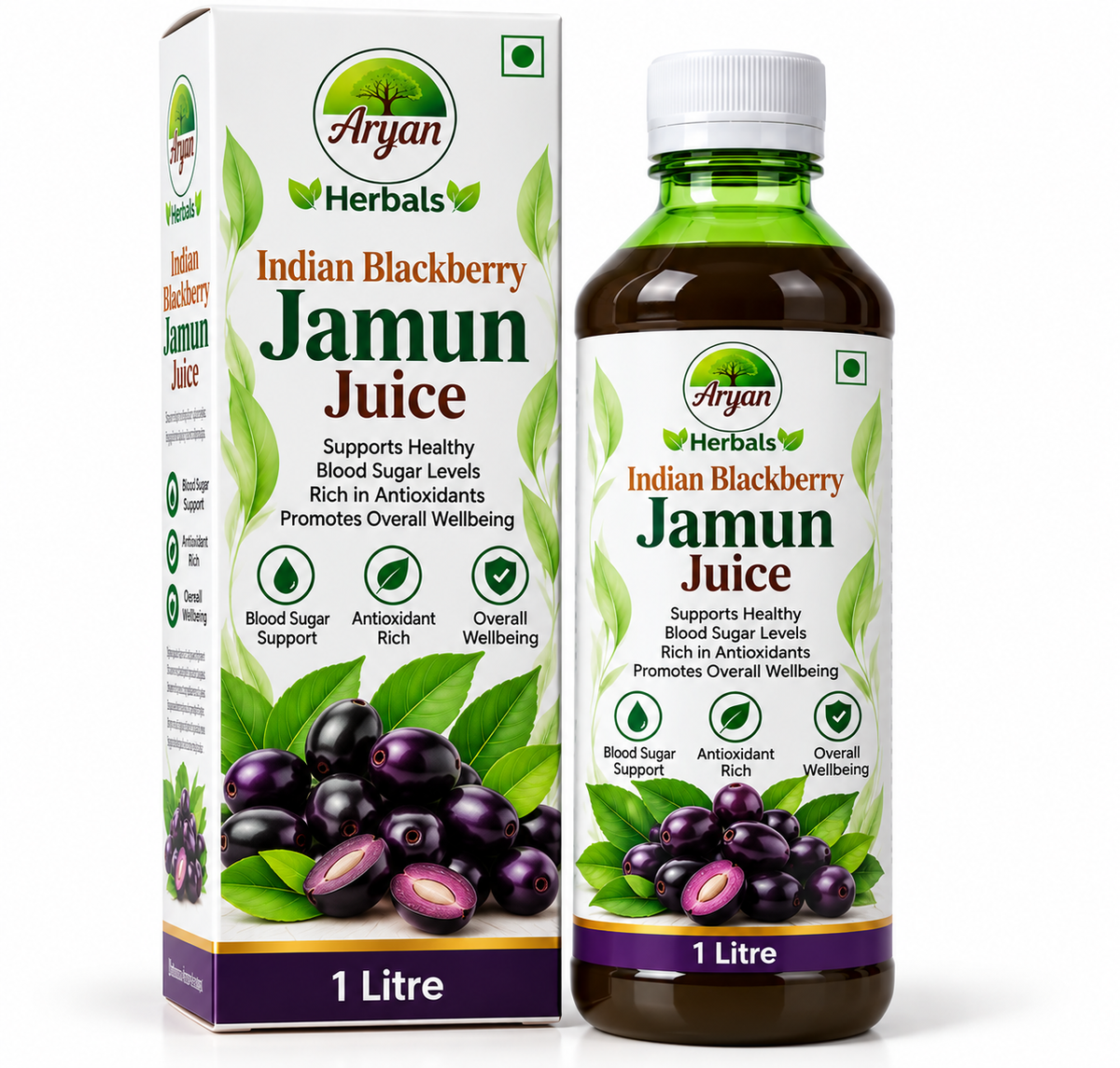 Aryan Herbals Jamun Juice 1 litre featuring a white and green carton with a matching dark herbal juice bottle, fresh purple Indian blackberry jamun fruits, green leaves, and Aryan Herbals branding.