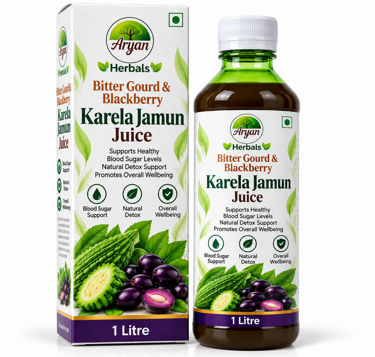 Aryan Herbals Karela Jamun Juice 1 litre featuring a white and green carton with a matching dark herbal juice bottle, fresh green bitter gourd, purple jamun fruits, botanical leaf illustrations, and Aryan Herbals branding.