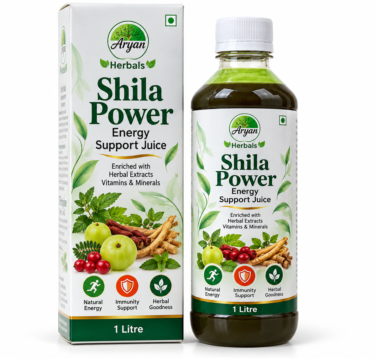 Aryan Herbals Shila Power Energy Support Juice 1 litre featuring a white and green carton with a matching dark green juice bottle, botanical herb illustrations, and herbal extract, vitamin and mineral branding.