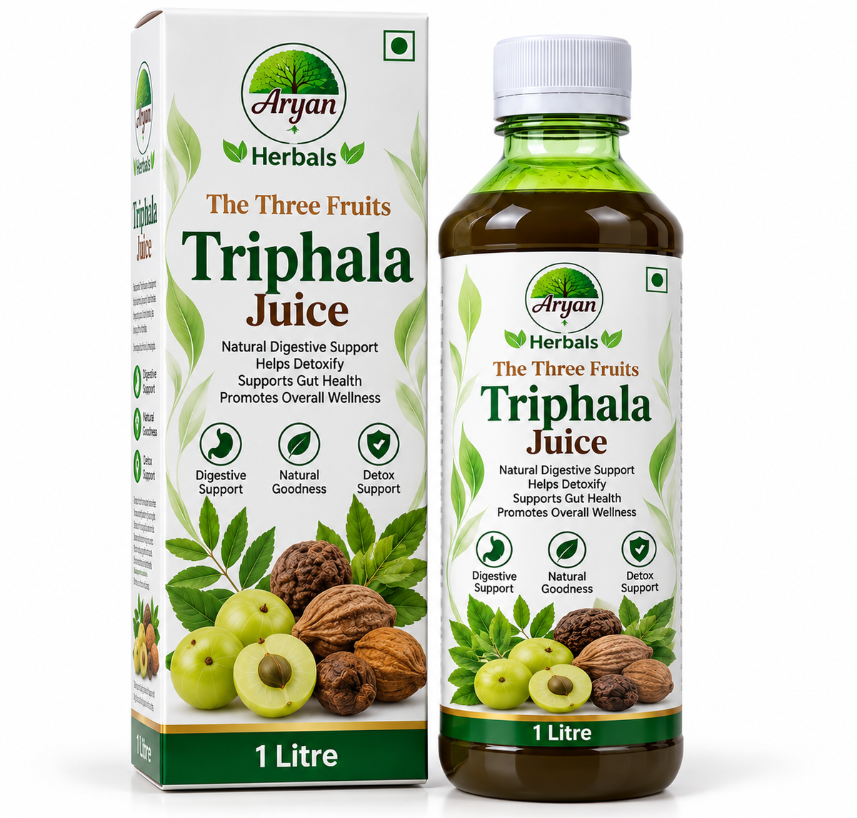 Aryan Herbals Triphala Juice 1 litre featuring a white and green carton with a matching dark herbal juice bottle, amla, haritaki and bibhitaki fruit illustrations, botanical leaves, and Aryan Herbals branding.