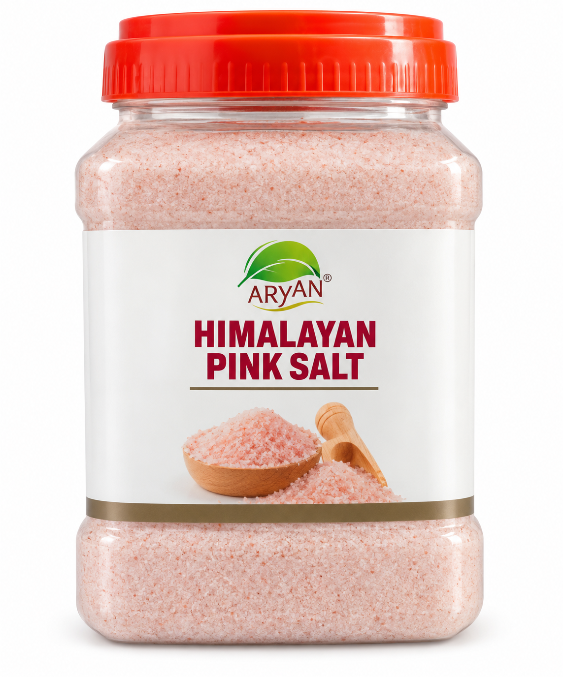 Aryan Himalayan Pink Salt 1kg jar featuring a clear plastic container filled with pink salt crystals, a bright red screw-top lid, and a white label with the Aryan brand logo and Himalayan Pink Salt product name, photographed against a clean white background.