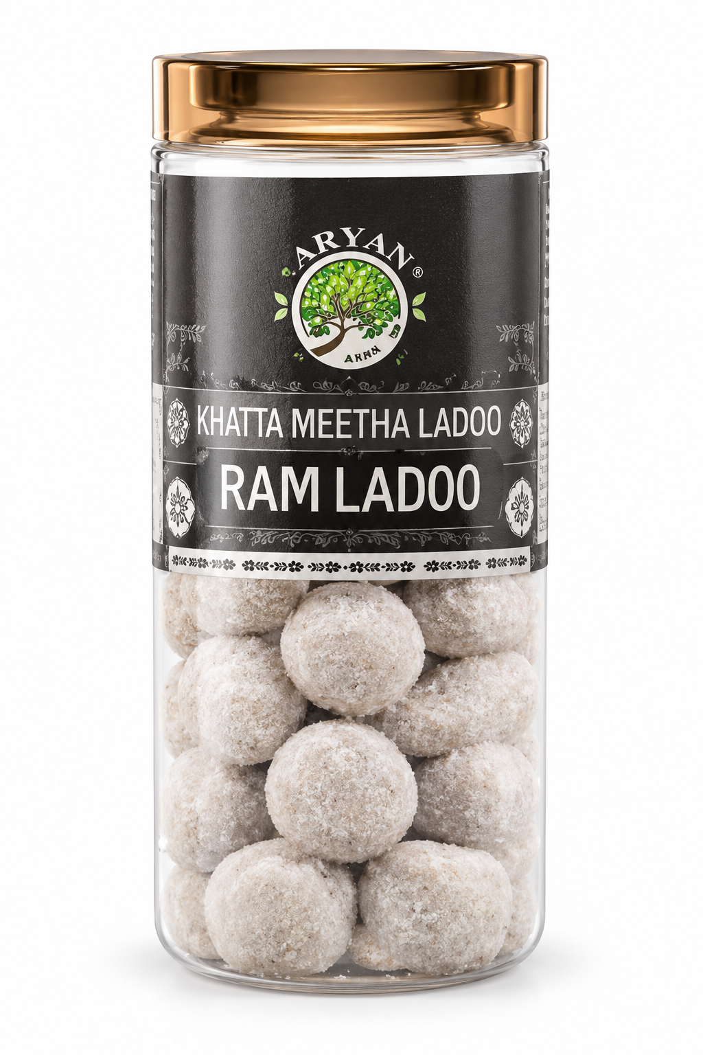 Aryan Khatta Meetha Ladoo 160g in a clear plastic jar with a gold-toned lid, dark charcoal label, green tree logo, and pale, sugar-dusted round ladoos visible through the transparent packaging against a clean white background.
