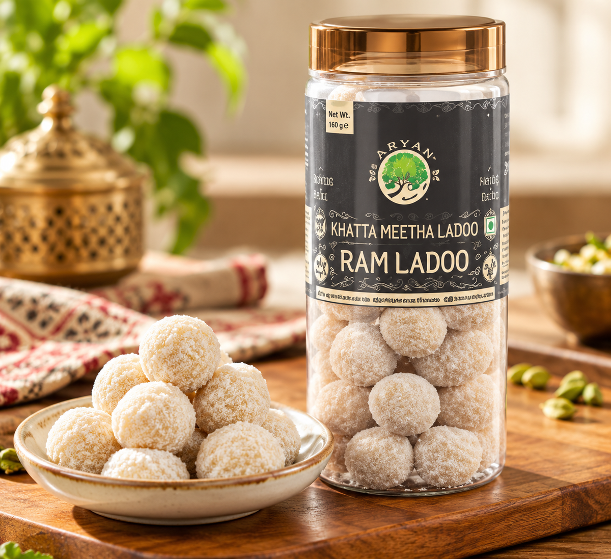 Aryan Khatta Meetha Ladoo 160g jar displayed on a rustic wooden table beside a ceramic bowl filled with pale, sugar-dusted ladoos, with warm lighting, decorative brass accents, and soft green foliage in the background.