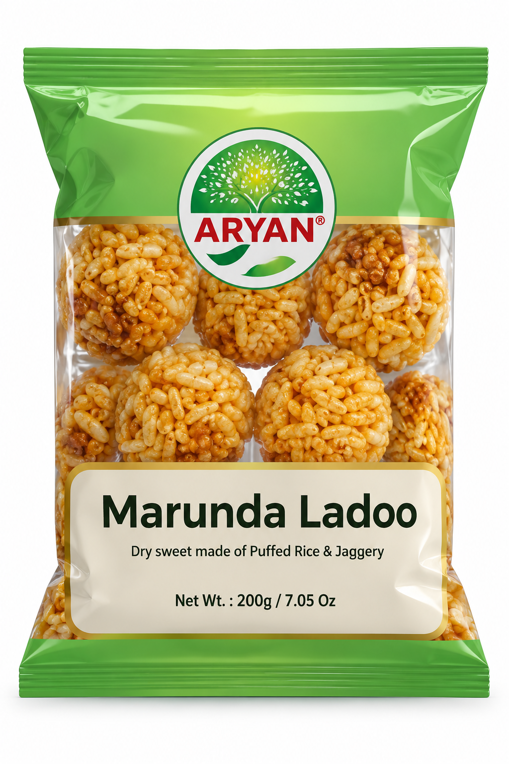 Aryan Mamra Ladoo Murunda 200g packet featuring green and cream packaging with the Aryan brand logo, transparent packaging displaying golden puffed rice ladoos, and a front label identifying Marunda Ladoo made with puffed rice and