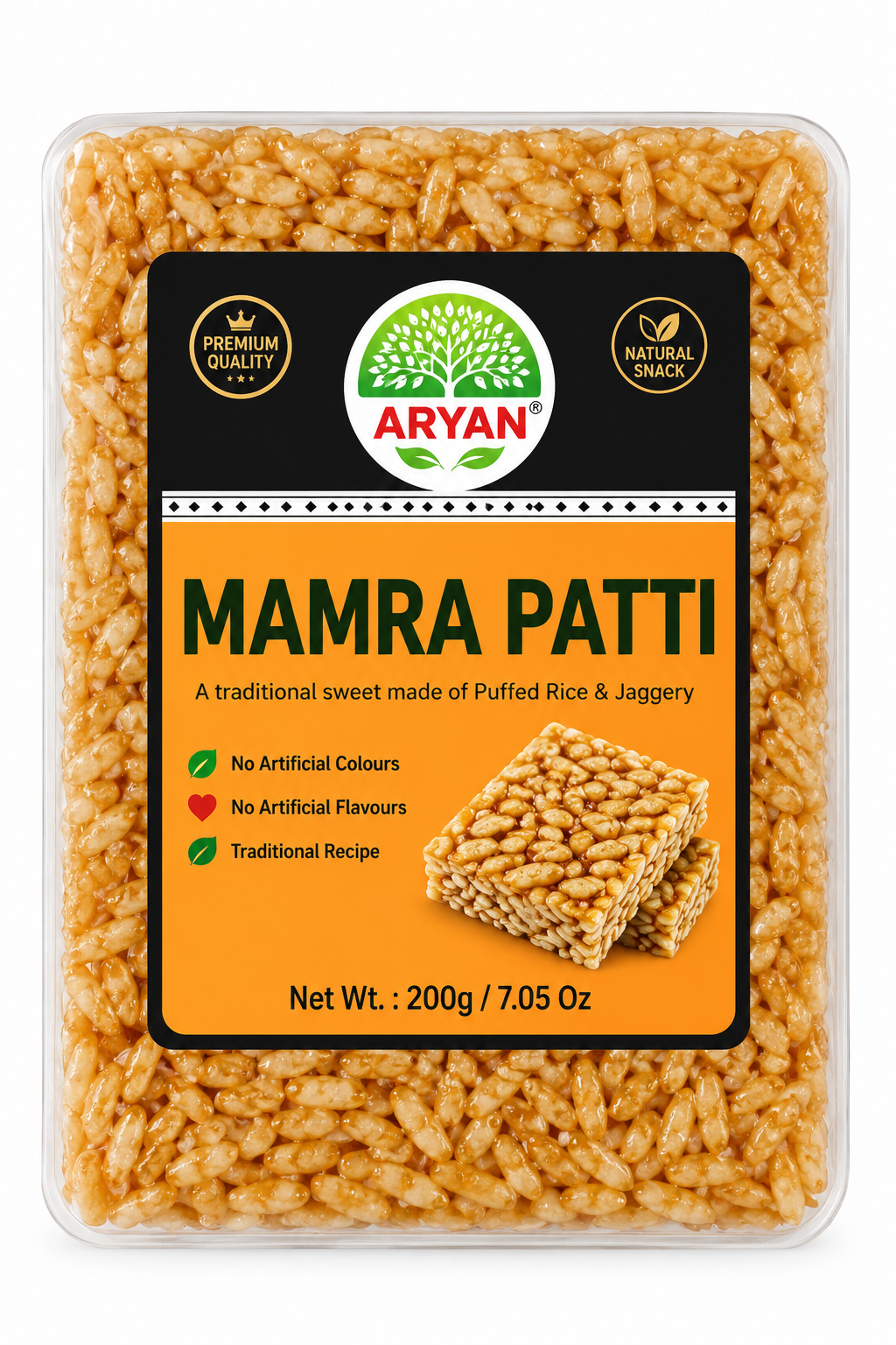 Aryan Mamra Patti 200g pack featuring a clear plastic tray filled with golden puffed rice and jaggery brittle, an orange and black product label with the ARYAN brand logo, and a picture of rectangular Mamra Patti pieces. Traditional Indian puffed rice sweet displayed against a clean white background.