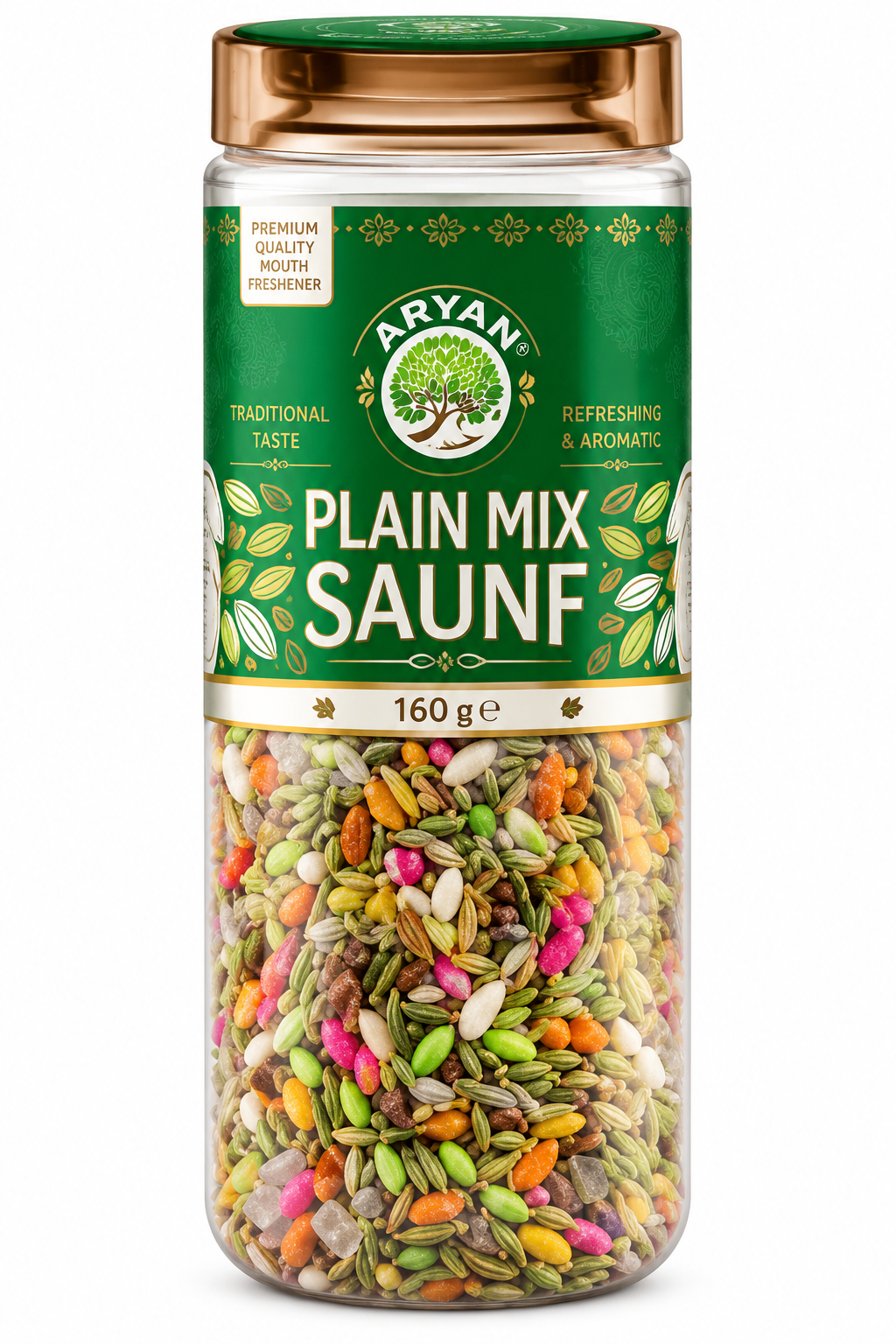 Aryan Plain Mix Saunf 160g in a clear plastic jar with a green and gold label, metallic gold lid and colourful fennel seeds visible inside.