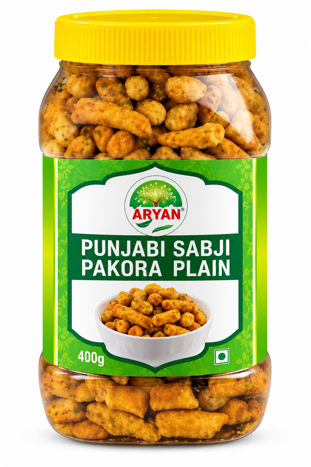 Aryan Punjabi Sabji Pakora Plain 400g transparent jar with a bright yellow lid and green-and-white label featuring the Aryan brand logo, product name and an image of golden-brown Punjabi sabji pakora snacks. The crunchy pakora pieces are visible through the clear jar, displayed against a clean white background.