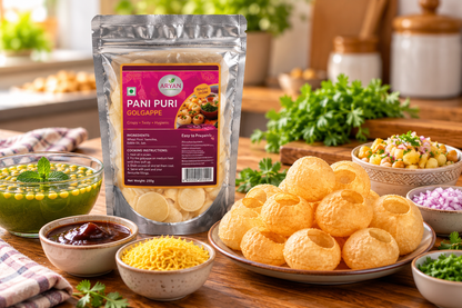 Aryan Ready to Fry Golgappe 250g single pack displayed with crispy pani puri shells, green pani, tamarind chutney and sev.