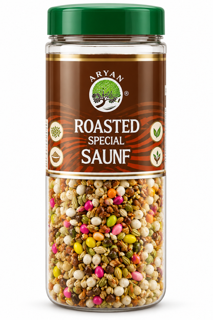 Aryan Roasted Special Saunf 160g transparent plastic jar featuring a dark green screw-top lid, a brown label with gold decorative borders, the Aryan logo, and prominent Roasted Special Saunf lettering. The clear lower section reveals a colourful mixture of roasted fennel seeds, assorted seeds, and vibrant pink, green, yellow, and white coated saunf pieces. Displayed upright against a clean white background, showcasing a traditional Indian roasted fennel seed mouth freshener for enjoying after meals.