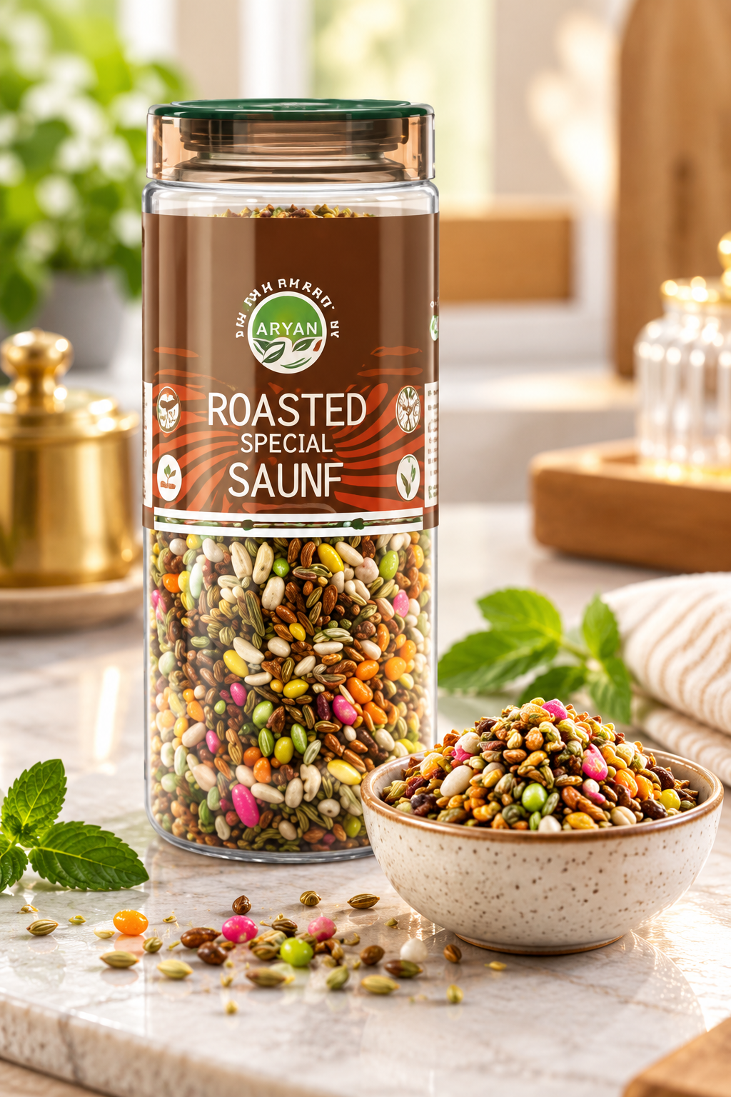 Aryan Roasted Special Saunf 160g transparent jar with a dark green lid and brown branded label displayed on a marble kitchen countertop beside a ceramic bowl filled with colourful roasted fennel seed mouth freshener. The jar reveals a mixed assortment of fennel seeds, crunchy seed varieties, and colourful coated saunf pieces, complemented by fresh mint leaves, scattered seeds, and warm kitchen accessories. This inviting food lifestyle image showcases traditional Indian saunf as a refreshing after-meal mouth