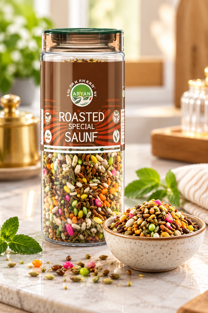 Aryan Roasted Special Saunf 160g transparent jar with a dark green lid and brown branded label displayed on a marble kitchen countertop beside a ceramic bowl filled with colourful roasted fennel seed mouth freshener. The jar reveals a mixed assortment of fennel seeds, crunchy seed varieties, and colourful coated saunf pieces, complemented by fresh mint leaves, scattered seeds, and warm kitchen accessories. This inviting food lifestyle image showcases traditional Indian saunf as a refreshing after-meal mouth