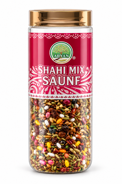 Aryan Shahi Mix Saunf 160g clear plastic jar with a metallic gold lid, deep magenta decorative label and colourful mixed fennel seeds.