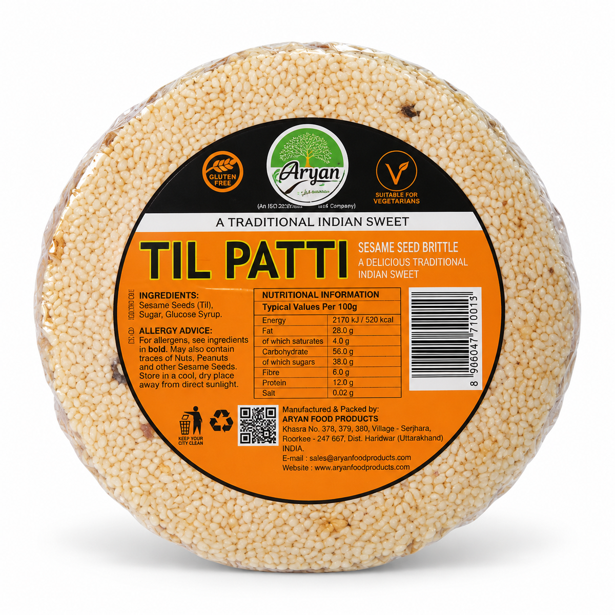 Aryan Til Patti 200g traditional Indian sesame seed brittle featuring a round, sesame-coated sweet with clear packaging and an orange and black label displaying Aryan branding.