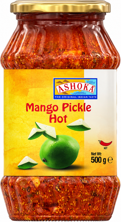 Ashoka Mango Pickle Hot 500g glass jar with a gold lid and yellow product label, featuring spicy Indian mango pickle made with mango pieces and aromatic spices, ideal for traditional Indian meals.