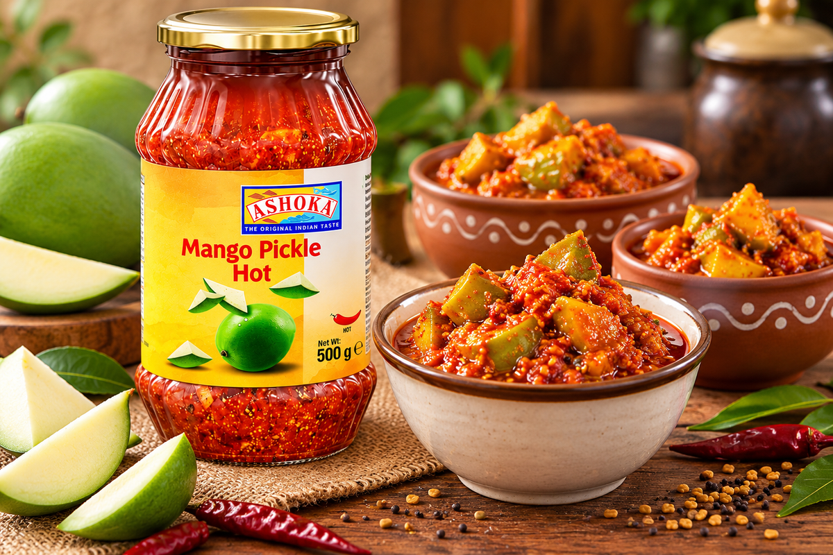Ashoka Mango Pickle Hot 500g jar displayed alongside bowls of chunky red-orange mango pickle with spices, fresh green mangoes, red chillies and mustard seeds on a rustic wooden table, highlighting the traditional Indian pickle's spicy flavour and texture.