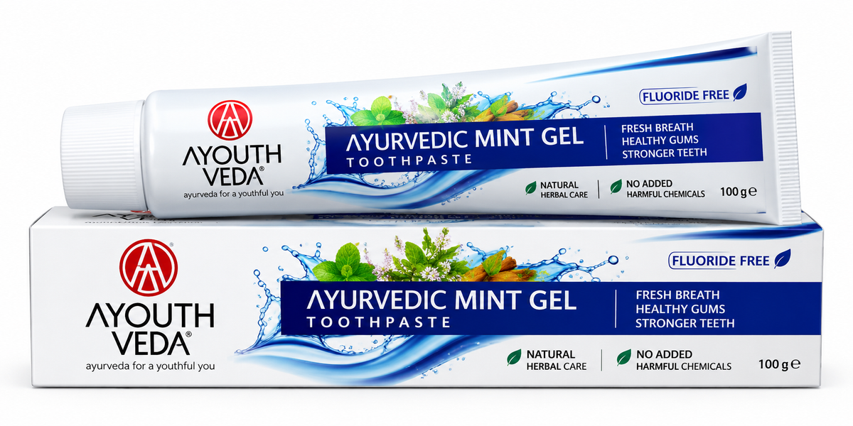 AYOUTH VEDA Ayurvedic Mint Gel Toothpaste 100g in white and blue packaging with herbal mint graphics and the AYOUTH VEDA logo.