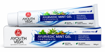 AYOUTH VEDA Ayurvedic Mint Gel Toothpaste 100g in white and blue packaging with herbal mint graphics and the AYOUTH VEDA logo.
