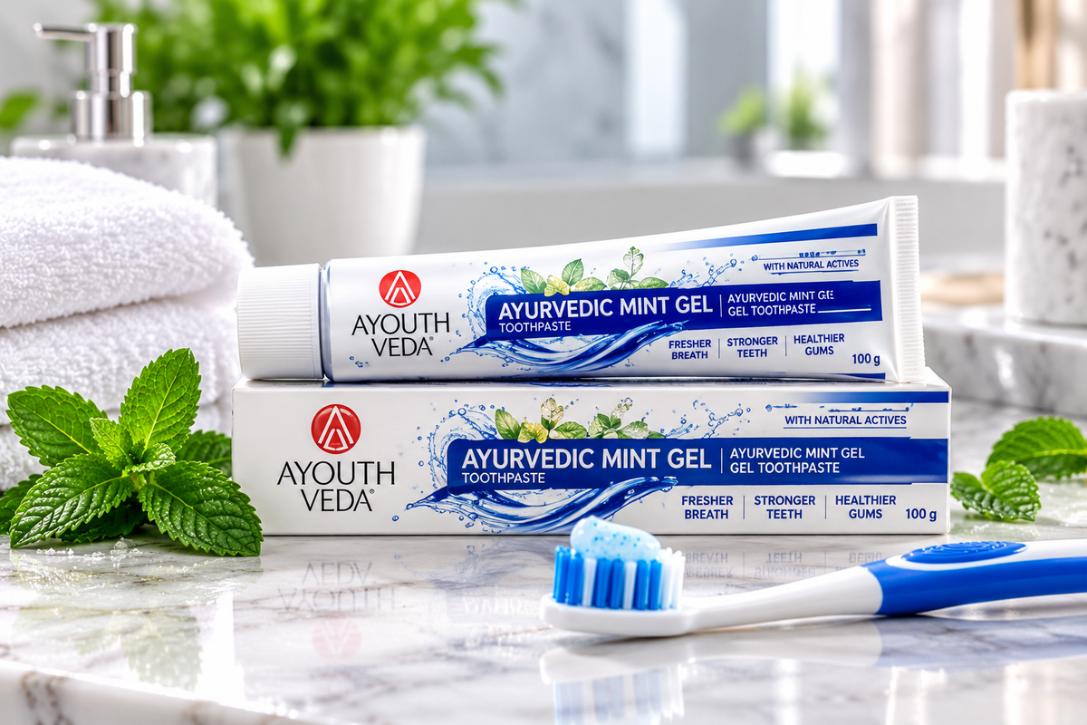 AYOUTH VEDA Ayurvedic Mint Gel Toothpaste 100g tube and matching box displayed on a marble bathroom counter with a blue and white toothbrush, fresh mint leaves and a clean, bright bathroom setting.