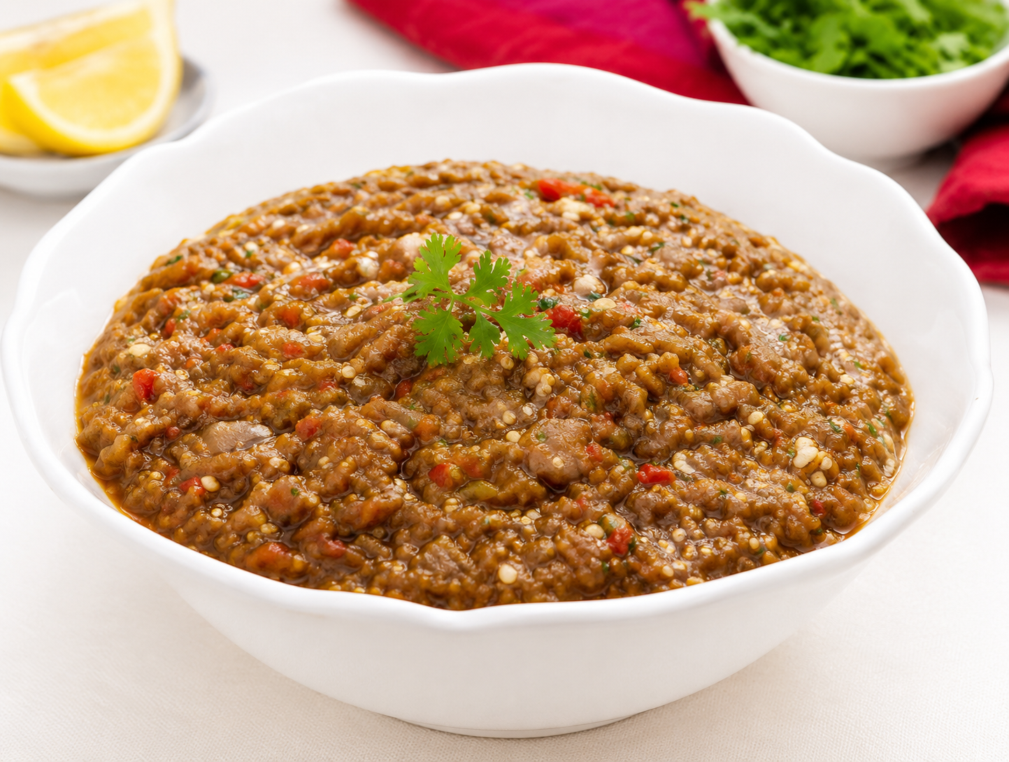 A white scalloped bowl filled with a thick brown textured dip or sauce, garnished with a small green herb sprig, set on a light surface with lemon wedges and a red napkin in the background.