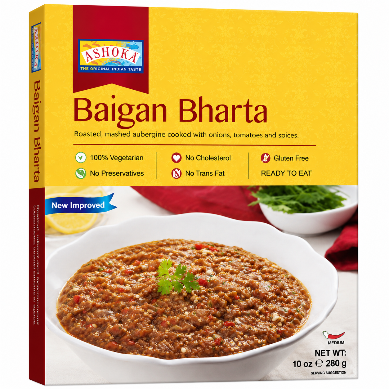 A box of Ashoka Baigan Bharta, a roasted mashed submerge dish. The packaging features a bright yellow top half with red and blue branding, and a lower half showing a bowl of the brownish-red food with green garnish.