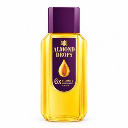 Bajaj Almond Drops 190ml hair oil bottle featuring golden-yellow oil, a purple cap and a purple front label, displayed with almonds against a clean white background, ideal for an online shop product listing for almond hair oil.