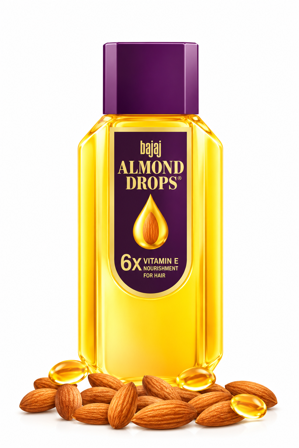 Bajaj Almond Drops Hair Oil 475ml bottle featuring golden-yellow oil, a deep purple cap and a purple and gold label with the Bajaj Almond Drops branding and almond droplet graphic, displayed with almonds and golden oil droplets against a clean white background for an online hair care product listing.