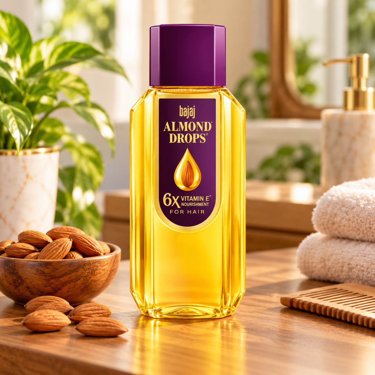 Bajaj Almond Drops Hair Oil 475ml golden-yellow bottle with a deep purple cap displayed on a wooden vanity beside a bowl of almonds, a wooden comb and neatly folded cream towels in a warm, sunlit bathroom setting, ideal for a  beauty and personal care product listing.