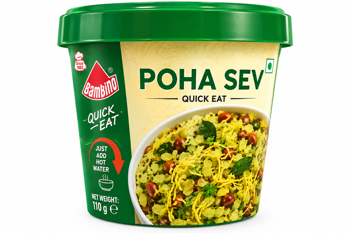 Bambino Quick Eat Poha Sev 110g instant snack cup featuring green and cream packaging, a green lid, and an appetising image of poha with sev, peanuts, curry leaves, and spices.