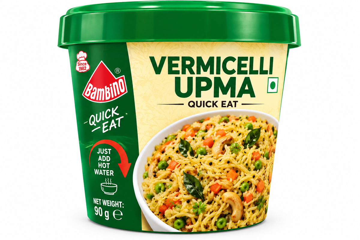 Bambino Quick Eat Vermicelli Upma 90g instant meal cup featuring green and cream packaging, a green lid, and an image of savoury vermicelli with peas, carrots, cashews, curry leaves, and herbs.