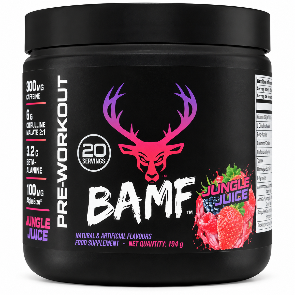 BAMF Pre-Workout Jungle Juice 194g black tub with pink and purple stag logo, berry graphics, and 20 servings label on a white background.