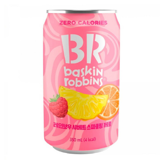 Baskin Robbins Rainbow Sherbet Sparkling Zero 350 ml can, sugar-free sparkling soda with fruity sherbet flavor.