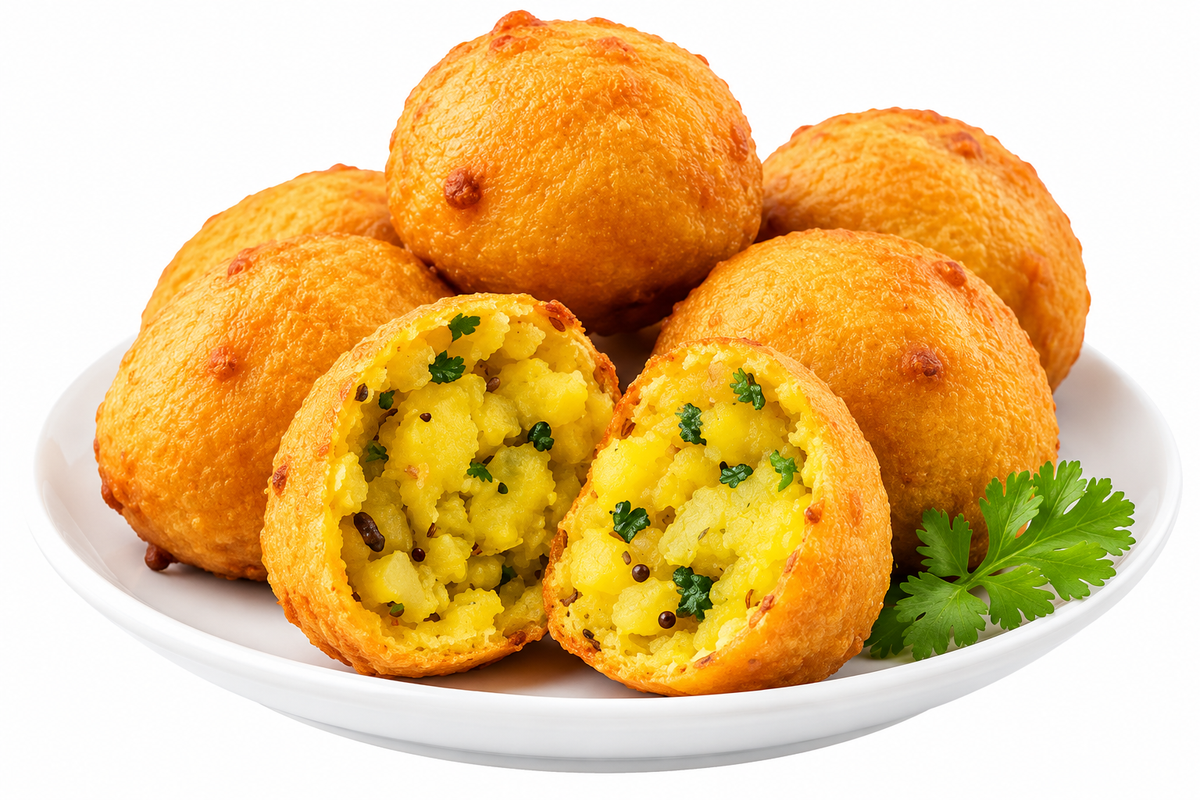 Golden crispy batata vada with spiced potato filling, served on a white plate with fresh coriander on a white background