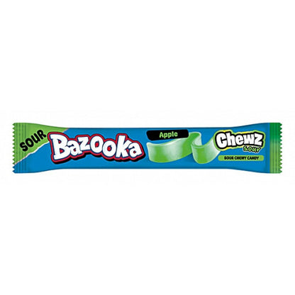 Bazooka Chewz Sour Apple candy bar in bright green wrapper with bold logo, individually wrapped chewy sweet and tangy apple-flavored treat by Bazooka Candy Brands.