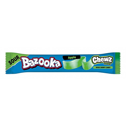 Bazooka Chewz Sour Apple candy bar in bright green wrapper with bold logo, individually wrapped chewy sweet and tangy apple-flavored treat by Bazooka Candy Brands.