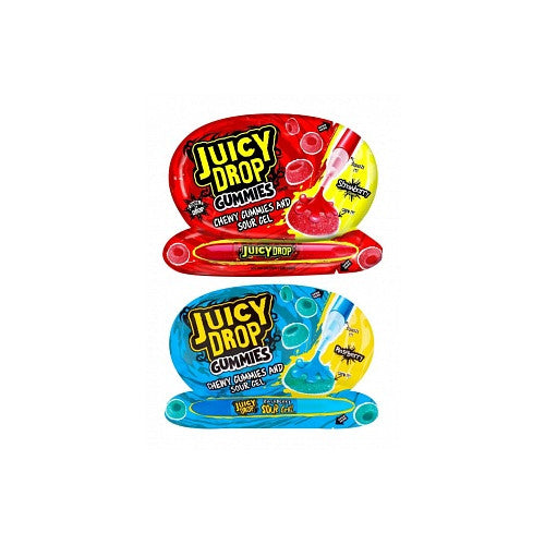 Bazooka Juicy Drop Gummies Strawberry & Raspberry pack with chewy fruit gummies and sour gel tube, sweet and tangy interactive candy by Bazooka Candy Brands.