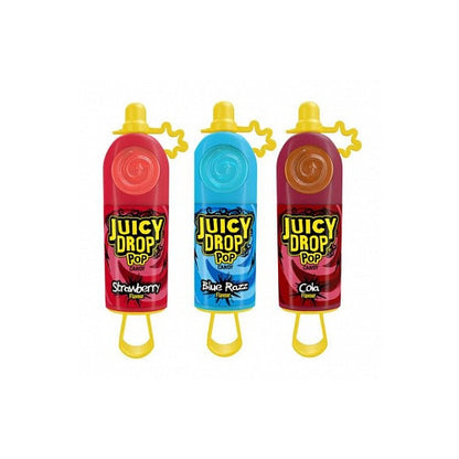 Fruit-flavored Juicy Drop lollipop with squeezable sour gel being applied on top.